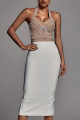 Pearl Beaded Halter Colorblock Bandage Cocktail Dress