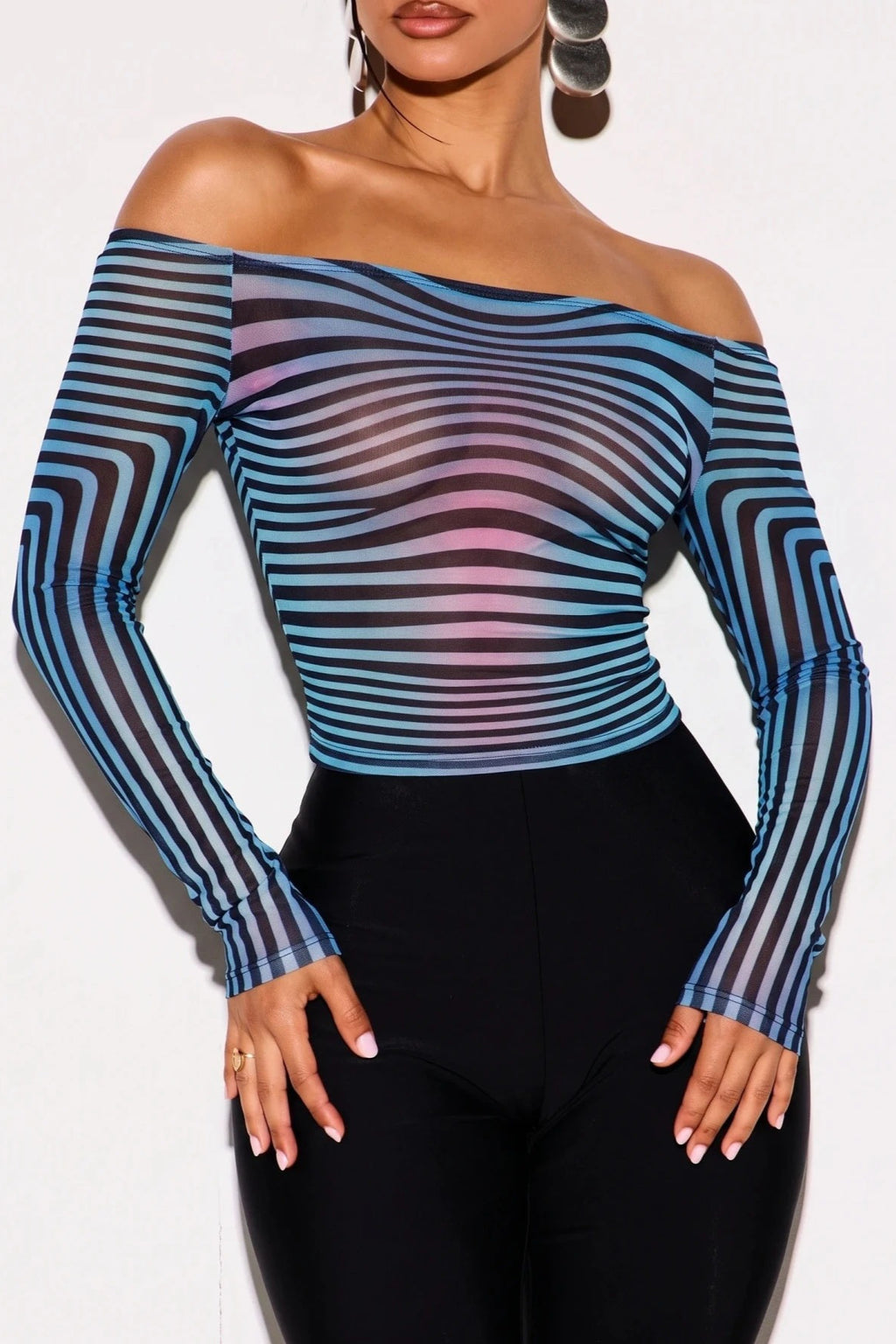 Striped Mesh Off Shoulder Long Sleeve T-shirts