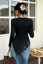 Asymmetric Lace Hem Slim Long Sleeve T-shirts