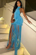 Solid Fringe Halter Backless Fitted Midi Dress