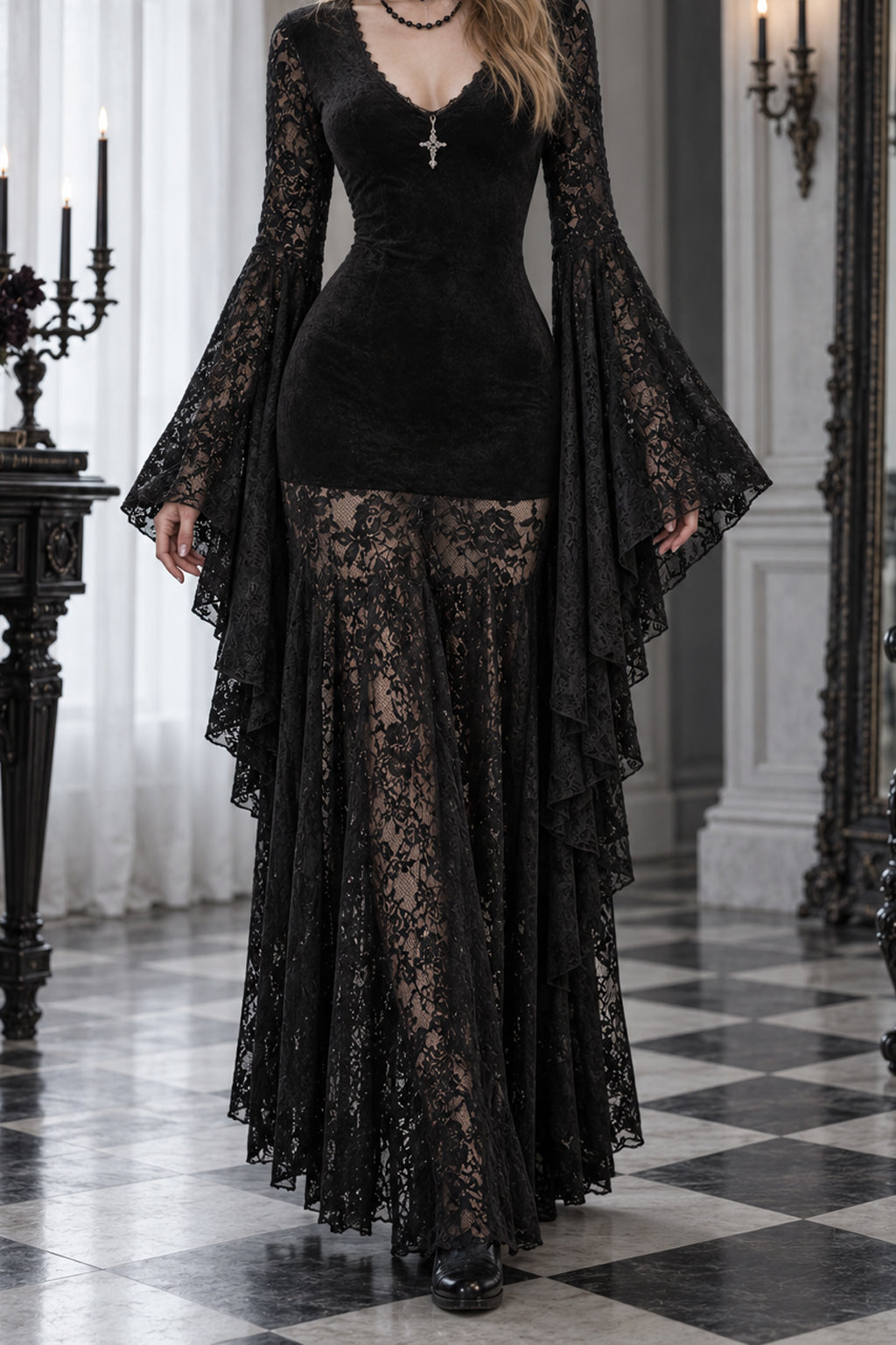 Lace Sleeve Velvet Effect Maxi Dress Main image