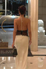 Deep V High-Waist Halter Backless Midi Silk Dress
