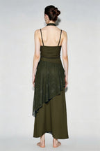 Lace Trim Sheer Waist Tie Cami Maxi Lace Dress
