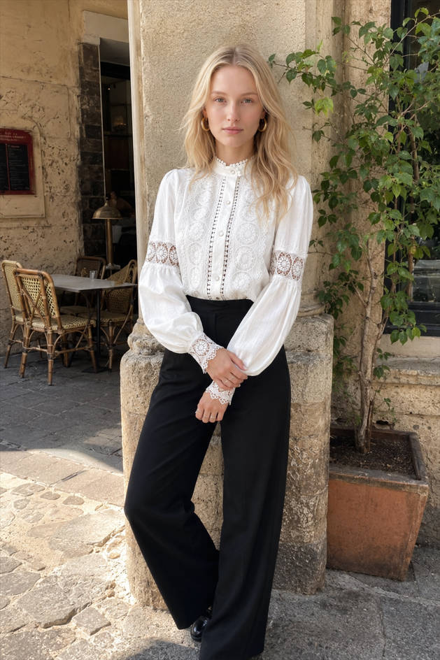 Lace Paneled Lantern Sleeve Blouse Main image