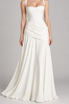 Square Neck Ruched Milk Silk Formal Dress