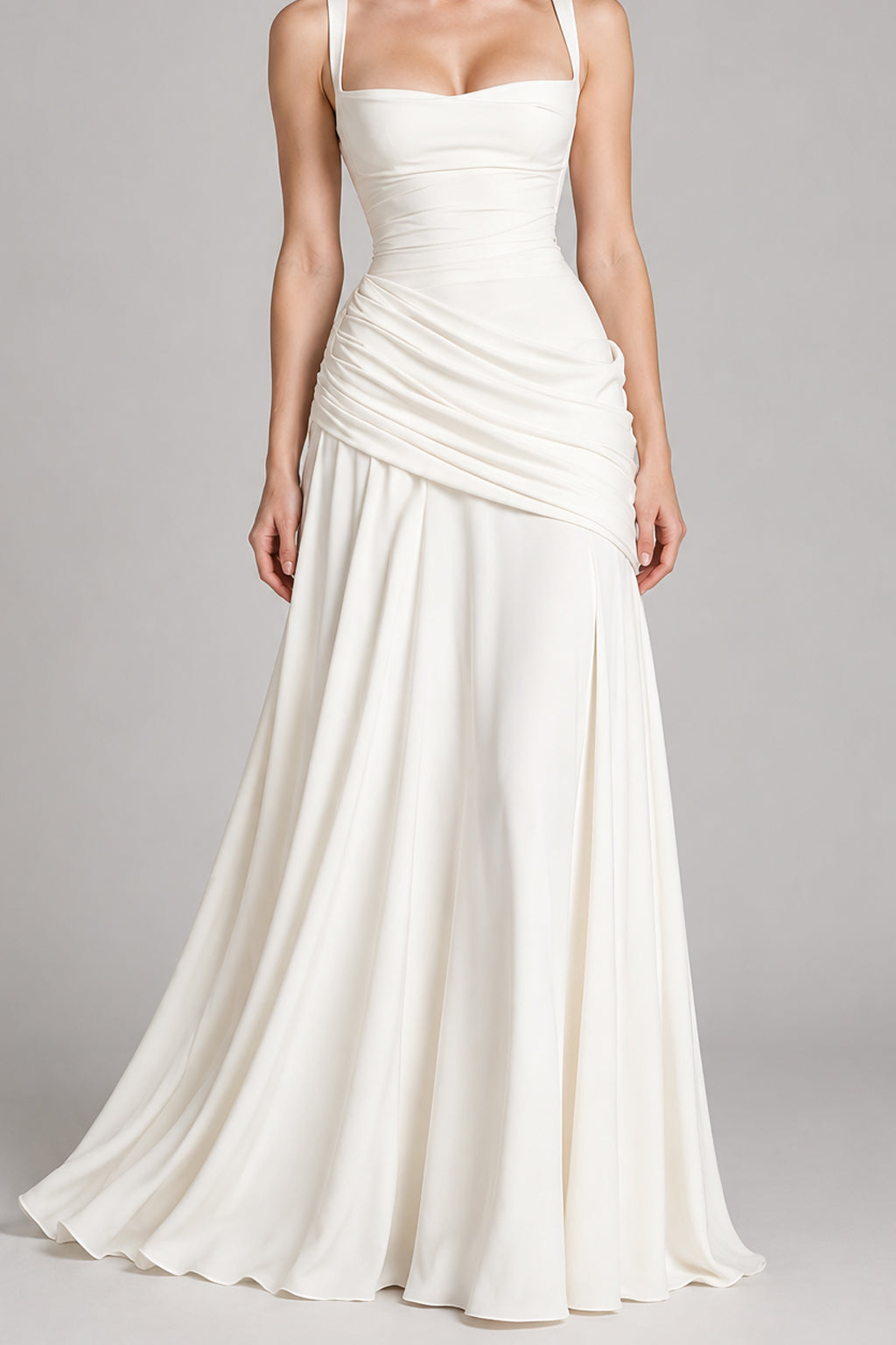 Square Neck Ruched Milk Silk Formal Dress