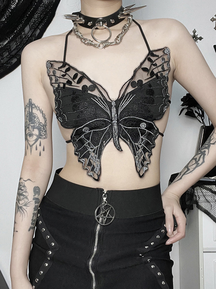 Gothic Backless Hollow Out Lace Butterfly Summer Streetwear Crop Top Main image