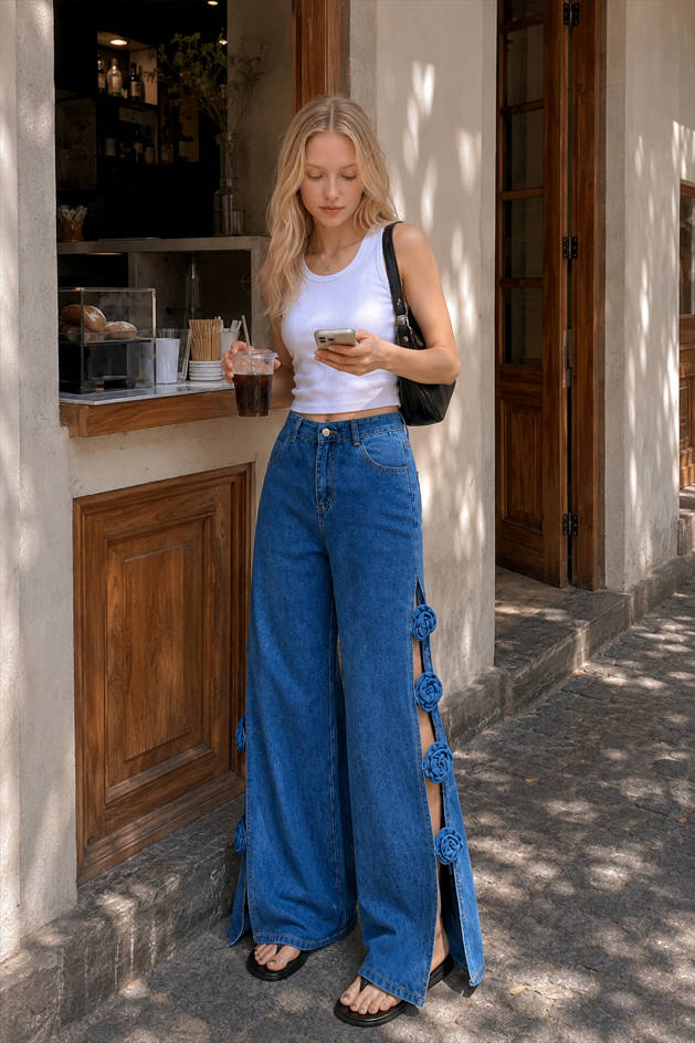 Hand Embroidered 3D Flower Cutout Side Slit Jeans