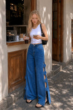 Hand Embroidered 3D Flower Cutout Side Slit Jeans