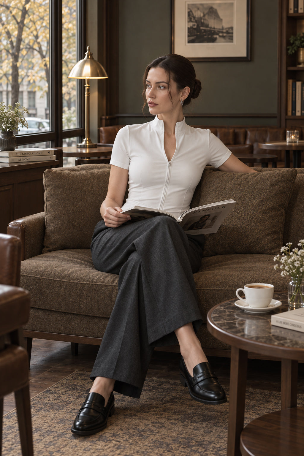 Zip Front Solid Slim Blouse