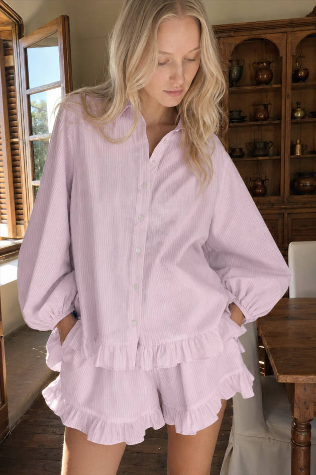 Loose Pink Stripe Ruffle Shorts Two Piece Set Secondary image