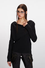 Draped Cowl Neck Slim Knit Top