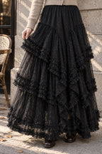 Lace Ruffle Tiered Tulle Maxi Skirt