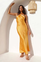 Halter Satin Solid Slim-Fit Cocktail Silk Dress
