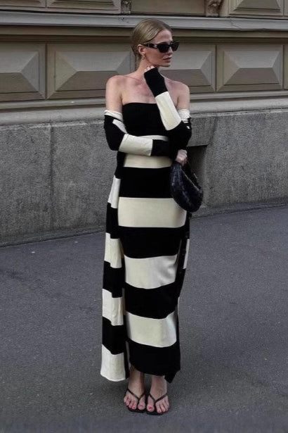 High-Waisted Knit Striped Work Dress Main image