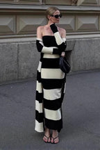 High-Waisted Knit Striped Work Dress