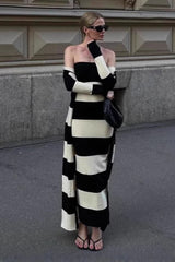 High-Waisted Knit Striped Work Dress