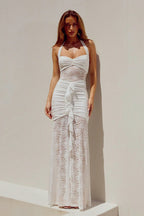 Sheer Lace Ruched Halter Wrap Dress
