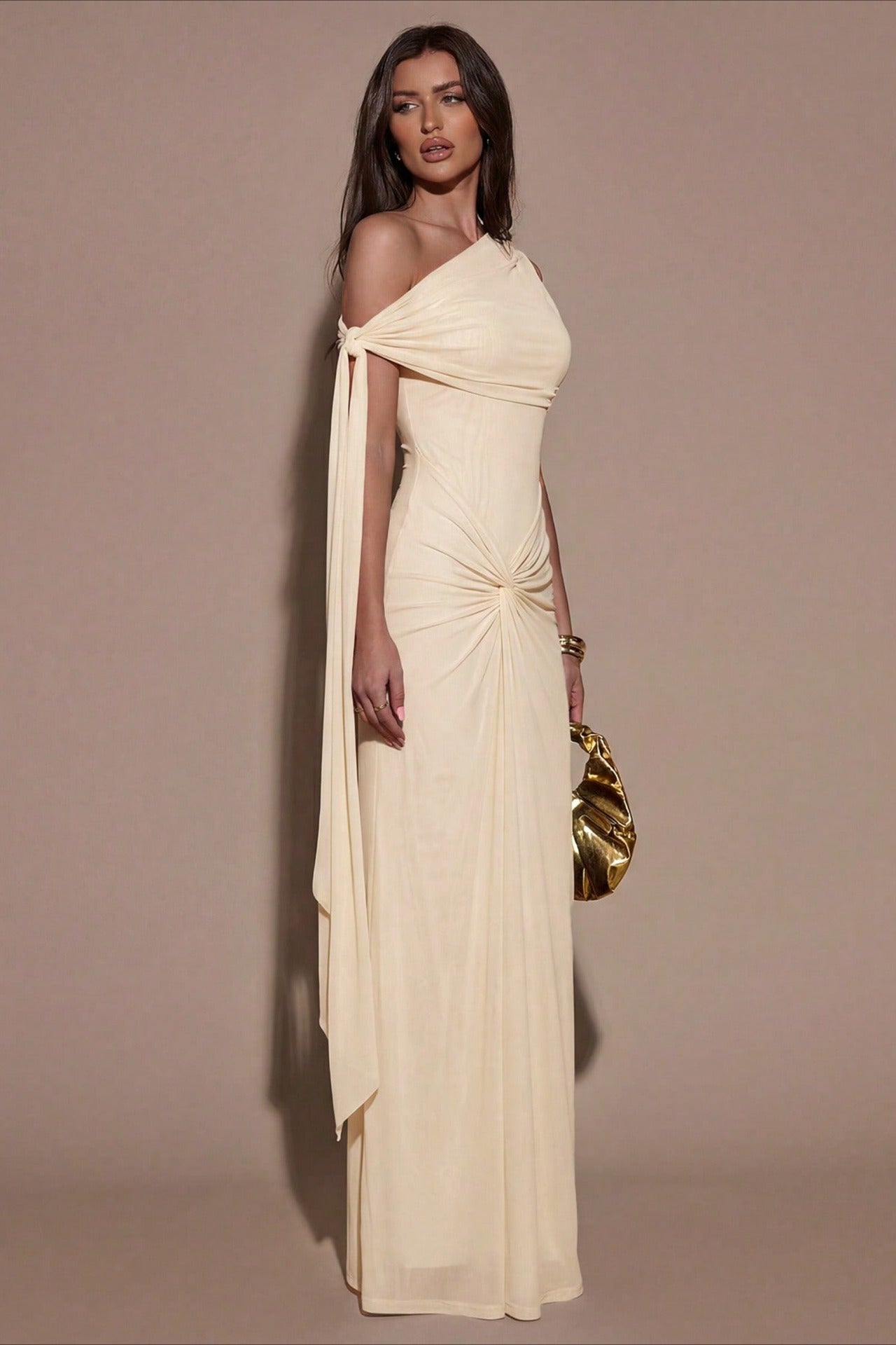 One-Shoulder Asymmetric Ruched Maxi Dress