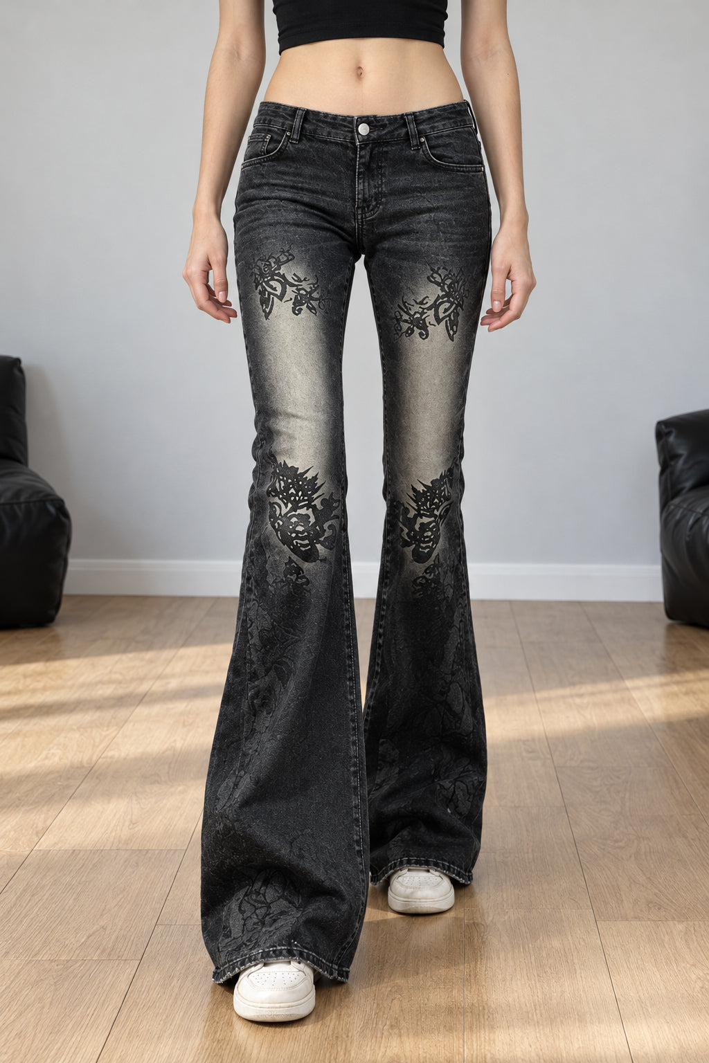 Vintage Plant Print Flared Jeans