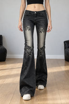 Vintage Plant Print Flared Jeans