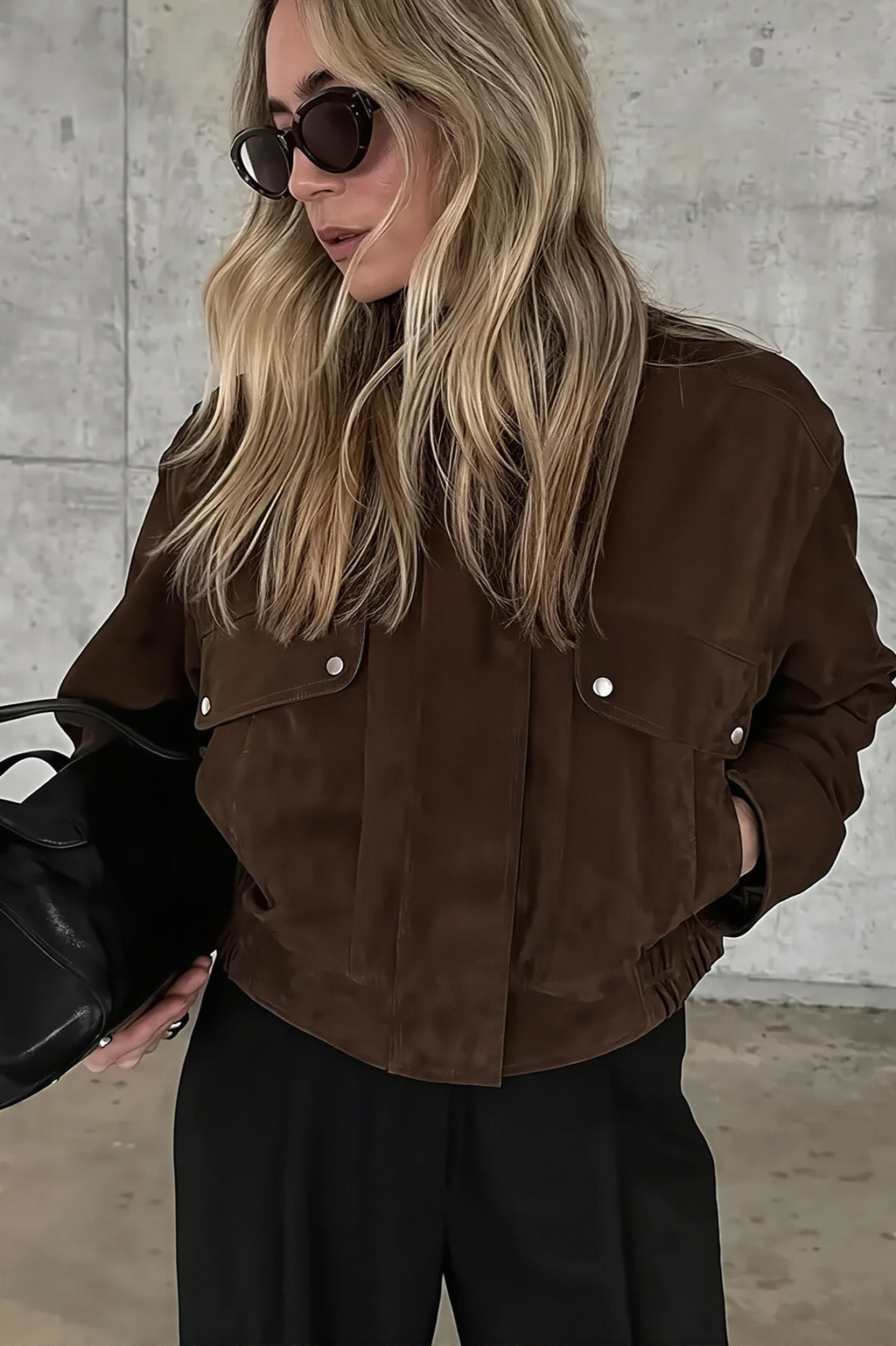 Utility Pocket Brown Funnel Neck Zip Jacket
