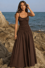 Solid Cotton Ruched Long Sleeveless Slip Dress