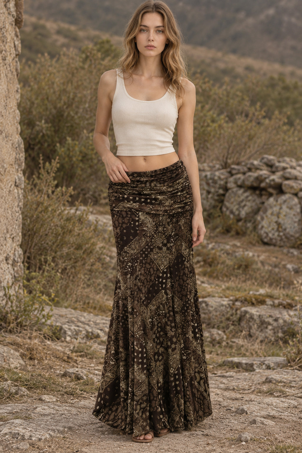 Slim Boho Print Fishtail Maxi Skirt