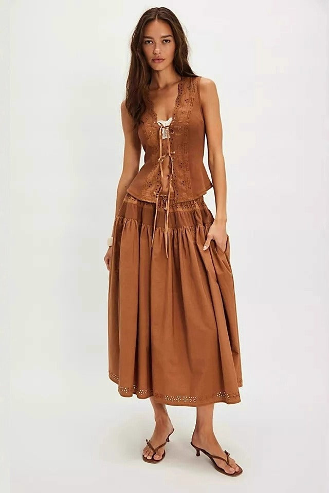 Cutout Lace Patchwork Boho Skirt Set