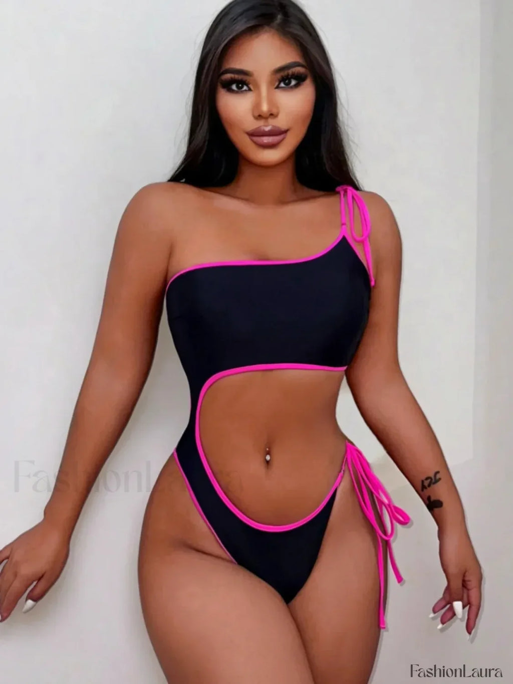 Black Single Shoulder Lace Up One Piece