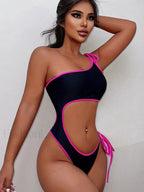 Black Single Shoulder Lace Up One Piece Black / S