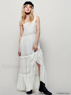 Blue Cotton Strap Maxi Boho Dress WHITE / S