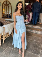 Blue High Split Lace Up Midi Dress