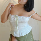 Bow Square Collar Ruffled Crop Top WHITE / S