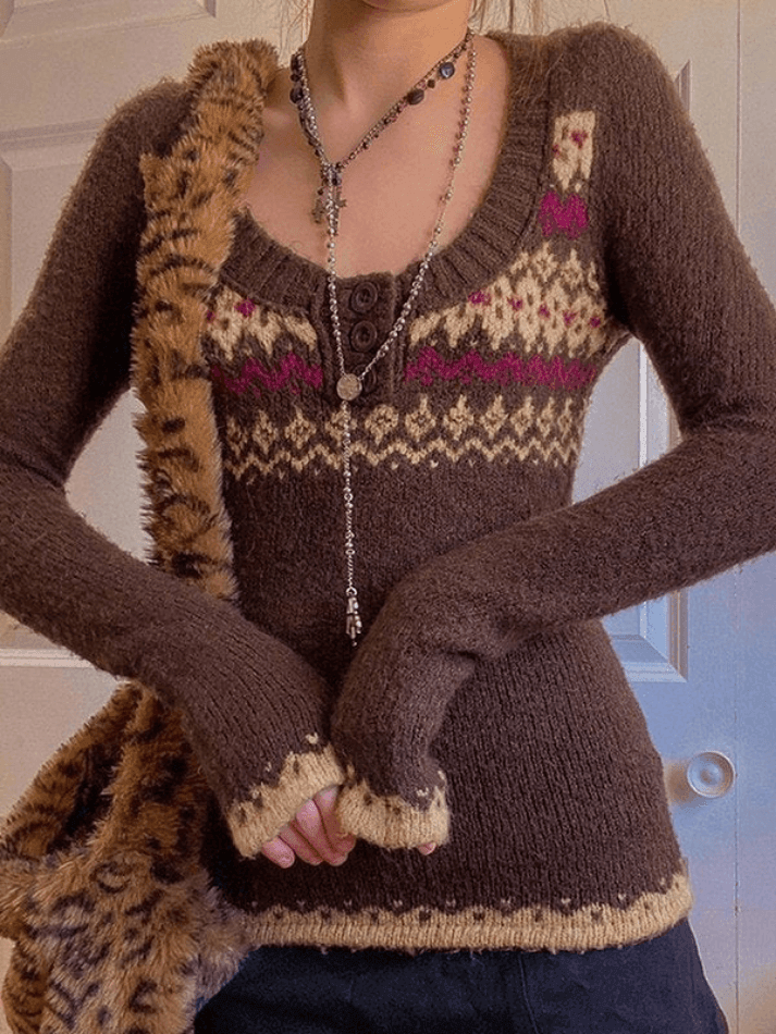 Button Front Jacquard Knitted Sweater Brown / S Sweaters Main image