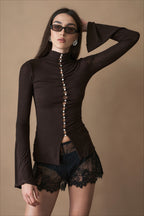 Button Front High Neck Long Sleeve T-Shirt