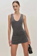 Striped V Neck Belted Cinched Work Dress