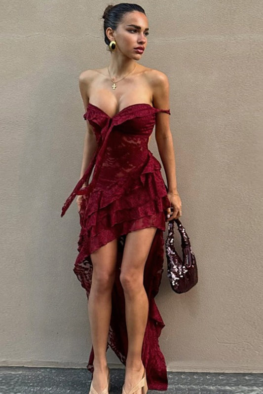 Lace Slim Drawstring Cutout Sheer Irregular Tube Top Boho Dress Main image