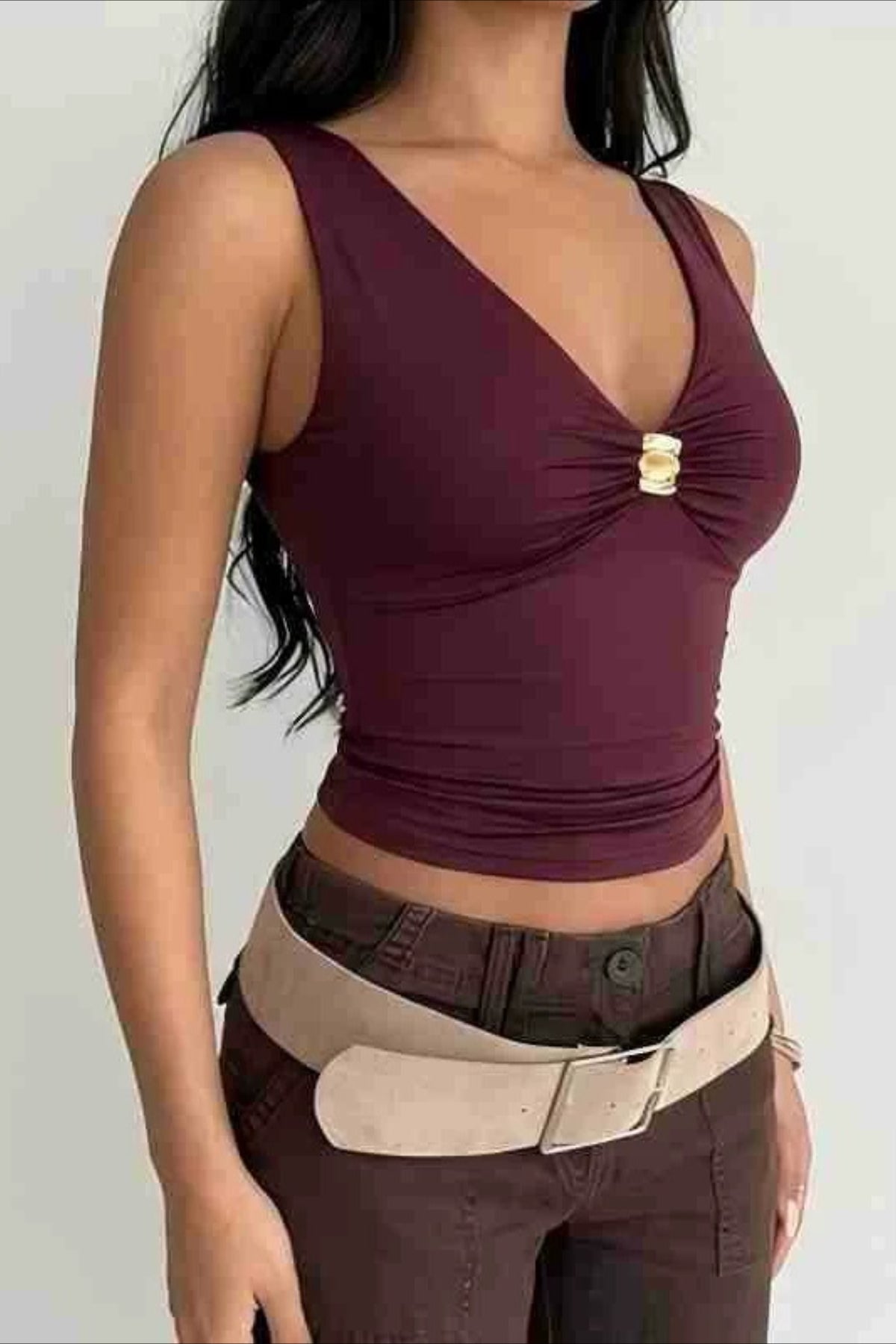 Wist Front Metal Buckle Ruched Crop Top