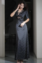Lace Trim V-Neck Polka Dot Fit Floor Lace Dress