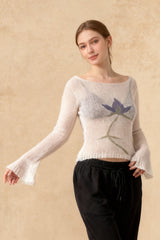 Floral Extended Sleeve Cropped Mesh Knit Sweater Top Women
