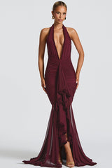 Elegant Mesh Paneled V Neck Halter Backless Long Formal Dress