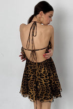 Leopard Print Deep V Halter Tie Slip Dress
