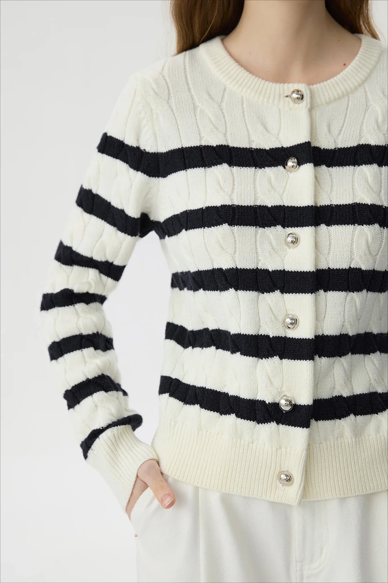 Black White Wool Twist Knit Cardigan Secondary image