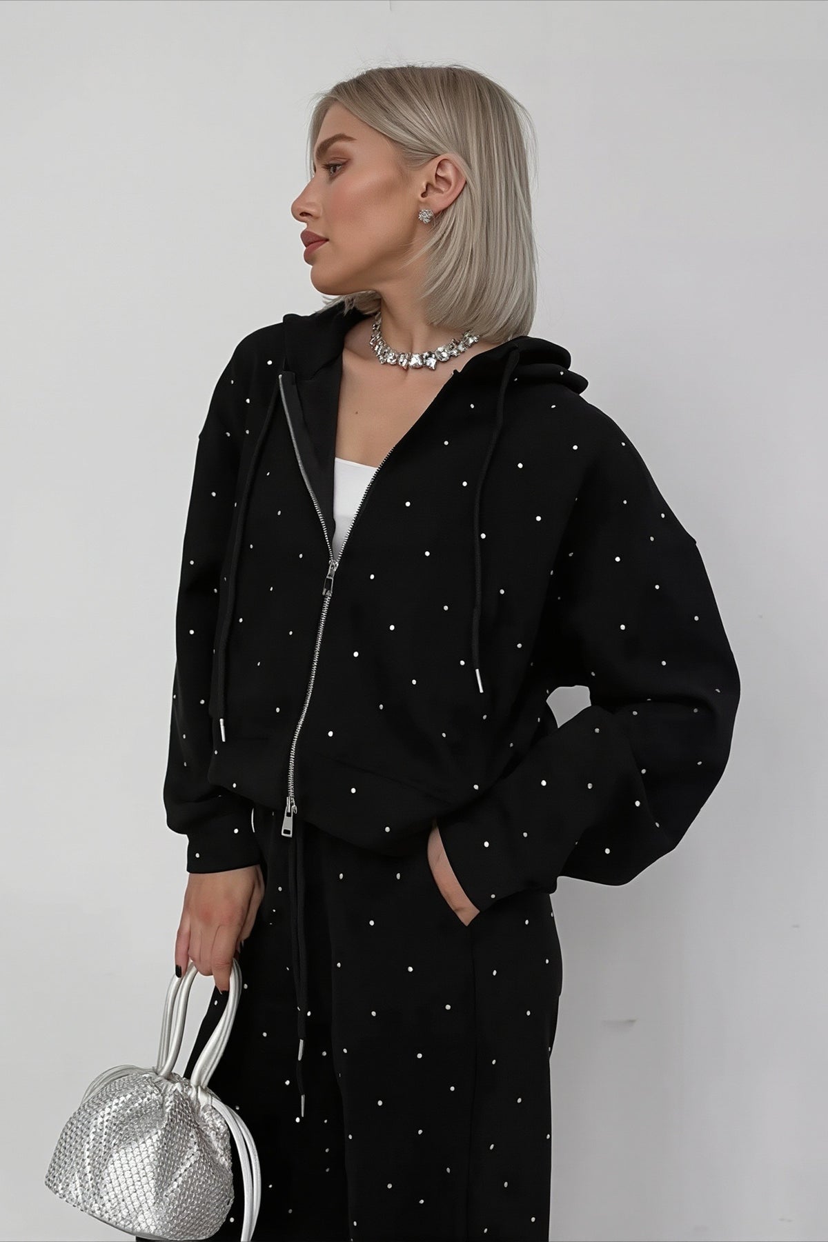 Rhinestone Hooded Loose Fit Two-Piece Set Main image