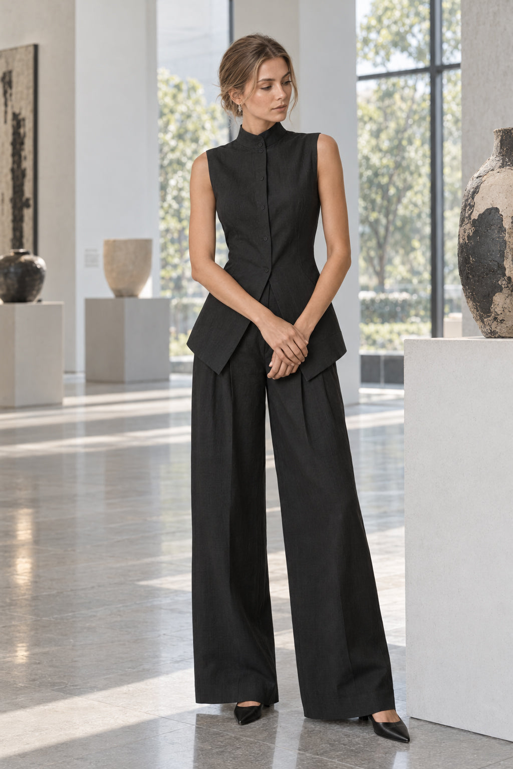 Drape Sleeveless Shirt Elegant Two Piece Work Set