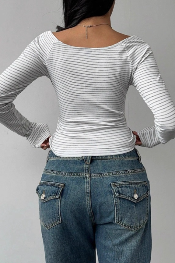Striped Deep U Neck Ribbed Long Sleeve Knit Crop Top Secondary image