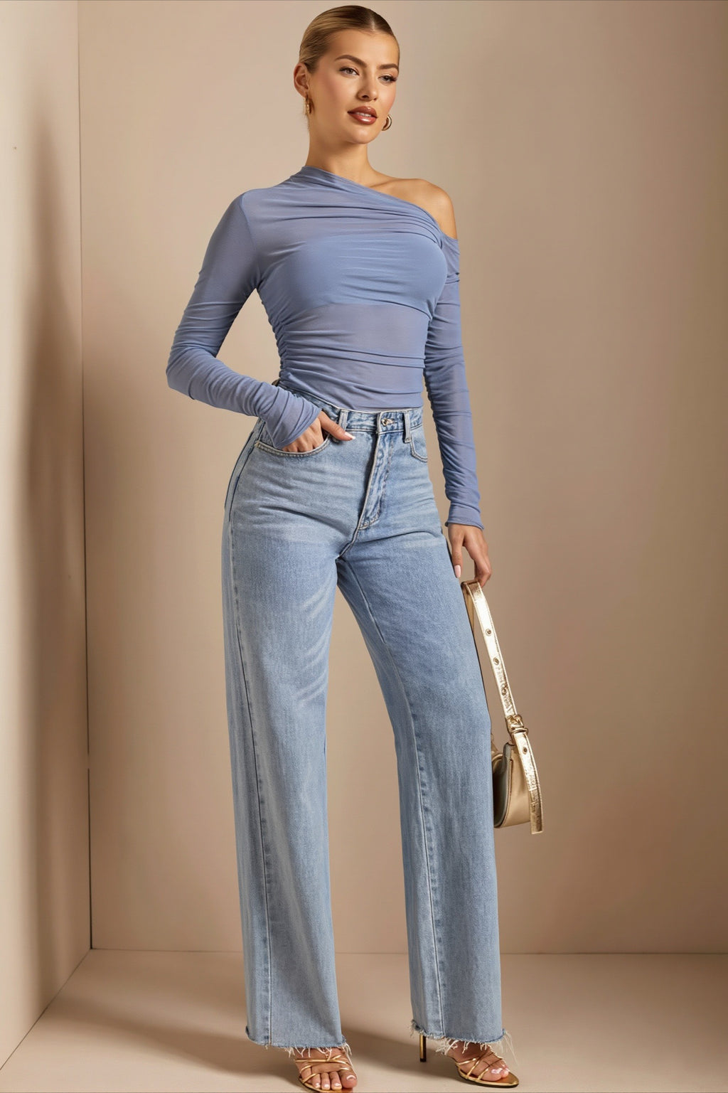 Draped Asymmetric Neck Long Sleeved T-shirts