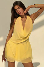Chiffon Cowl Halter Open Back Flare Mini Dress