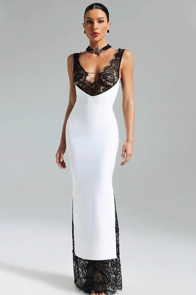 V-Neck Lace Panel Bodycon Mini Lace Dress Main image